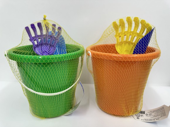 Песочный набор №10 (ведро бол, совок, грабли, 4 формочки животные) в сетке 22*19*19 см